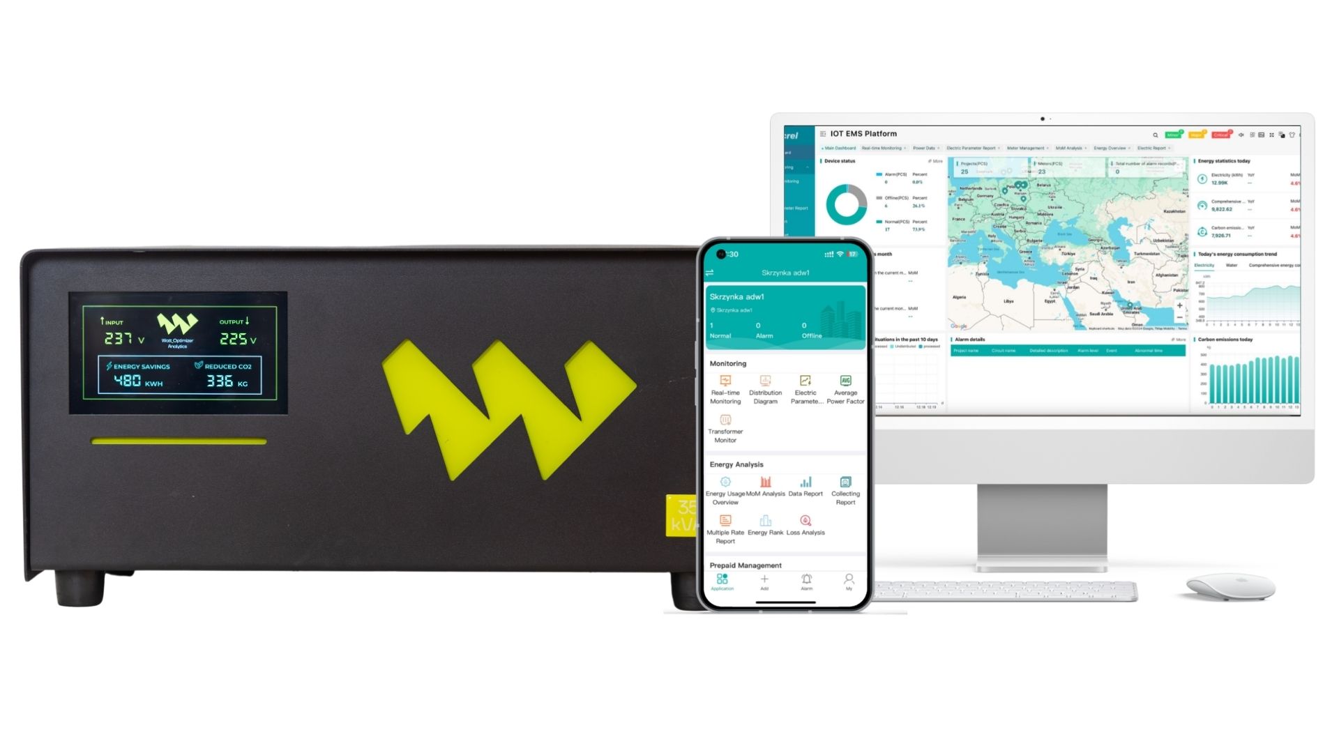Urządzenie WATT Optimizer Analytics Pro oraz podgląd danych w aplikacji mobilnej i na ekranie komputera